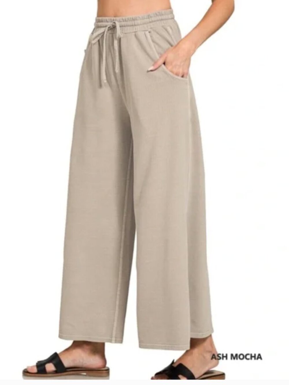 NEW Zenana Ash Mocha French Terry Wide Leg Lounge Pants High Rise Pigment Washed